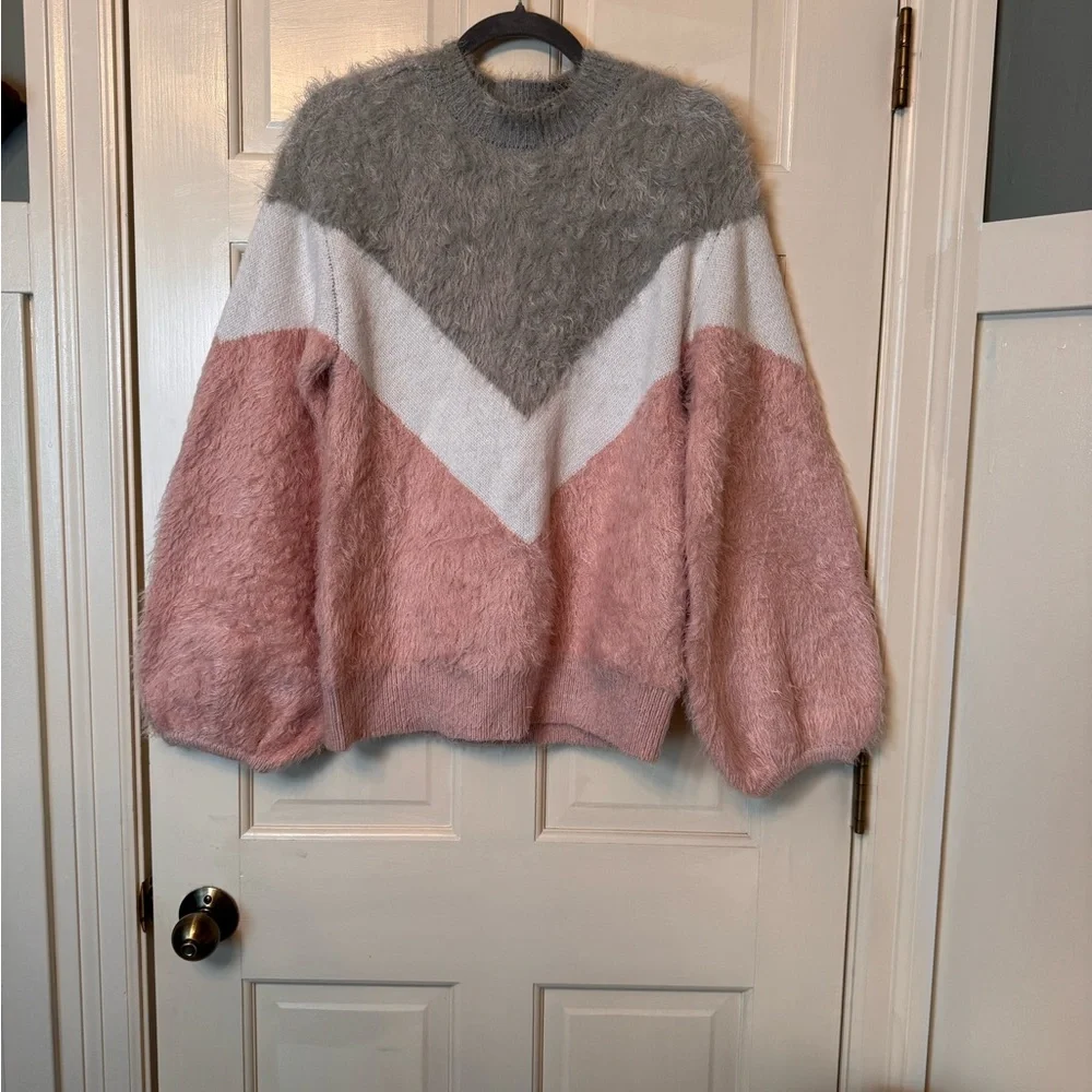 Sugar + Lips Fuzzy Chevron Sweater | Size M | Gray, White, & Pink - Picture 2 of 5